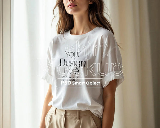 Woman White T-Shirt Mockup PSD | Gildan 64000 & Bella Canvas 3001 Print on Demand Tee Mockups for Designers, Boho Style Tshirt