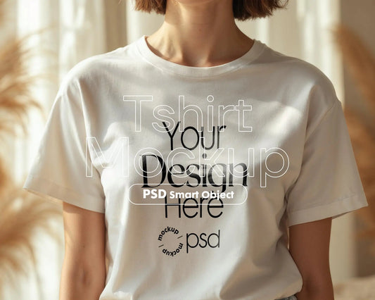 Woman White T-Shirt Mockup PSD | Gildan 64000 & Bella Canvas 3001 Print on Demand Tee Mockups for Designers, Boho Style Tshirt