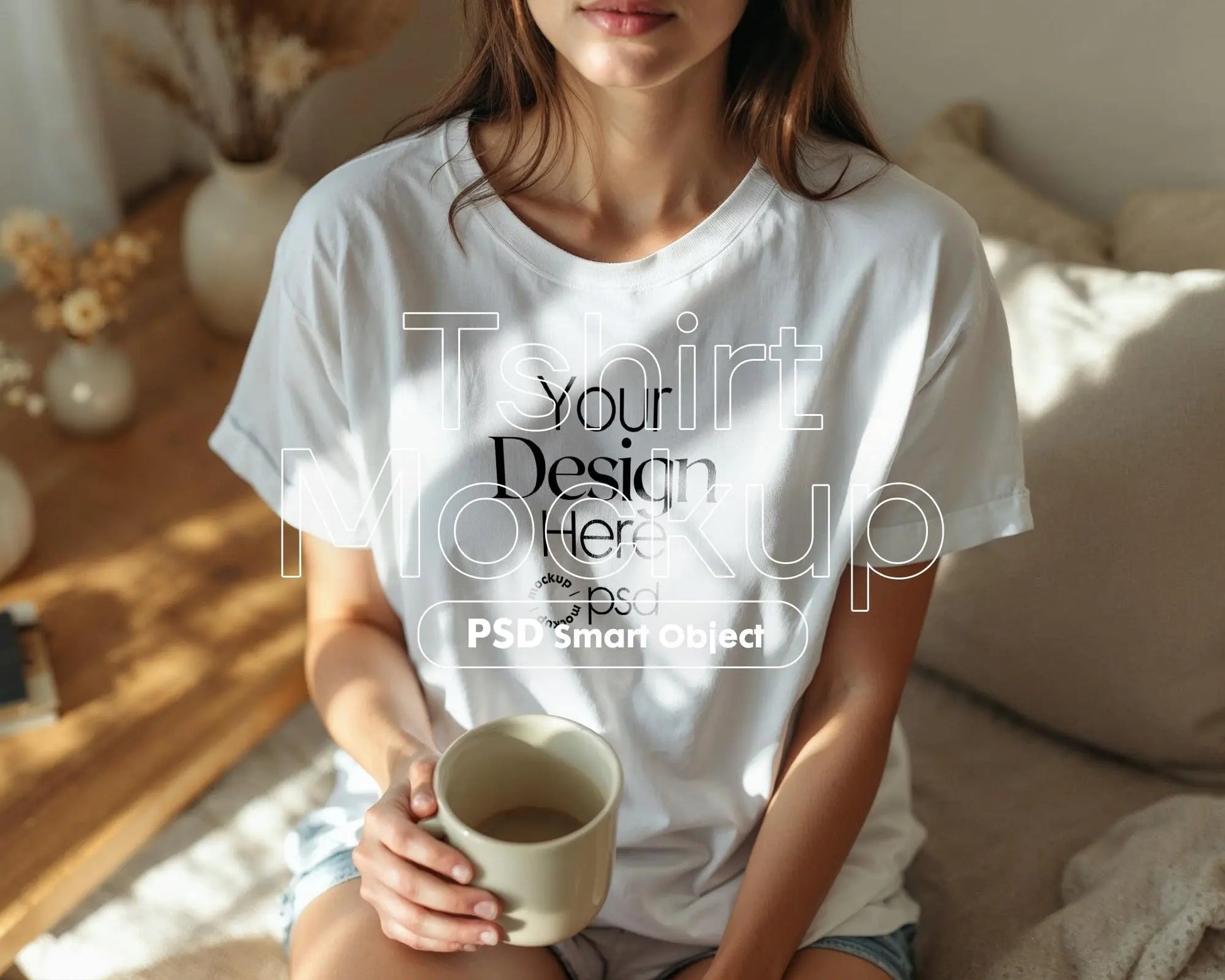 Woman White T-Shirt Mockup PSD | Gildan 64000 & Bella Canvas 3001 Print on Demand Tee Mockups for Designers, Boho Style Tshirt