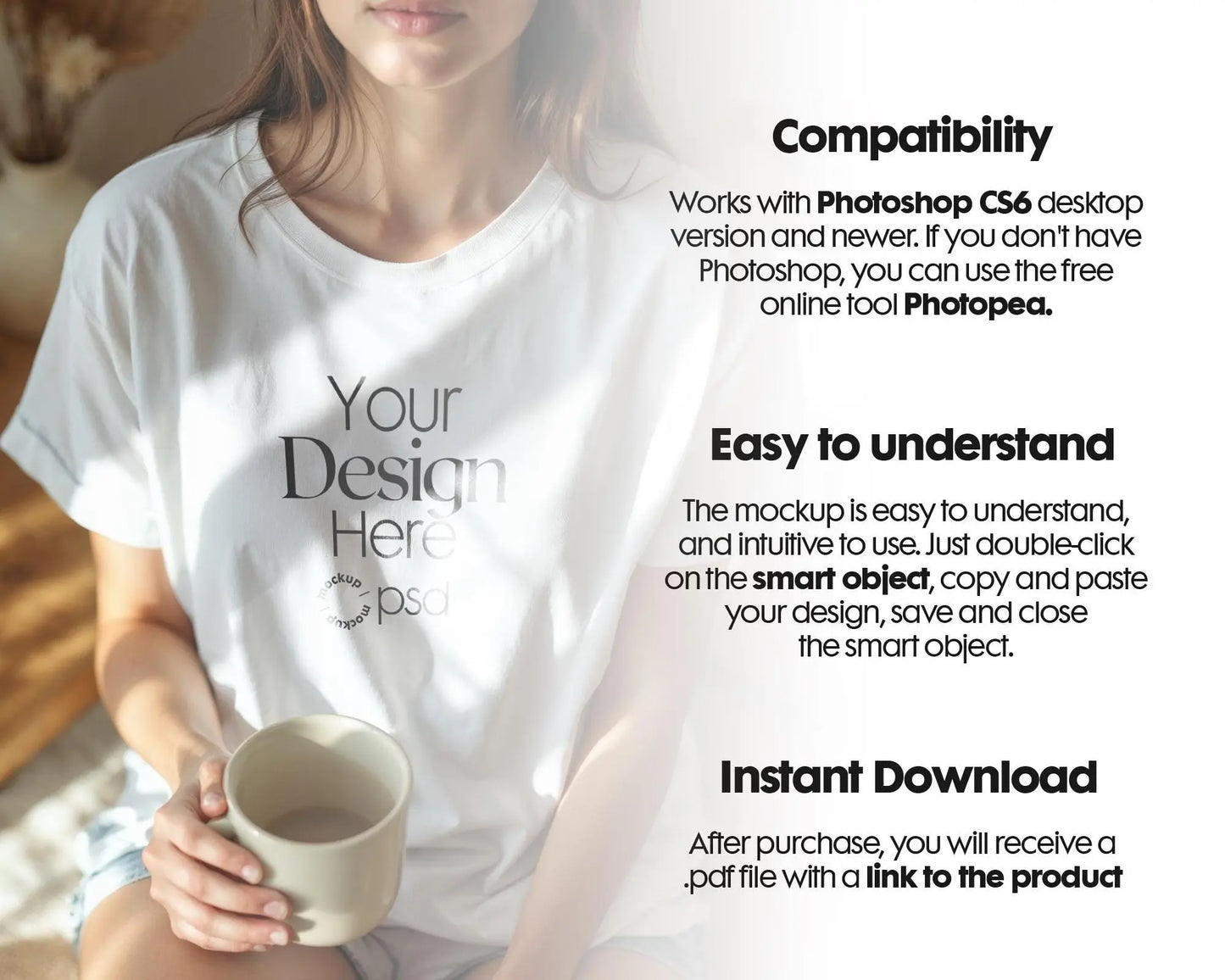 Woman White T-Shirt Mockup PSD | Gildan 64000 & Bella Canvas 3001 Print on Demand Tee Mockups for Designers, Boho Style Tshirt