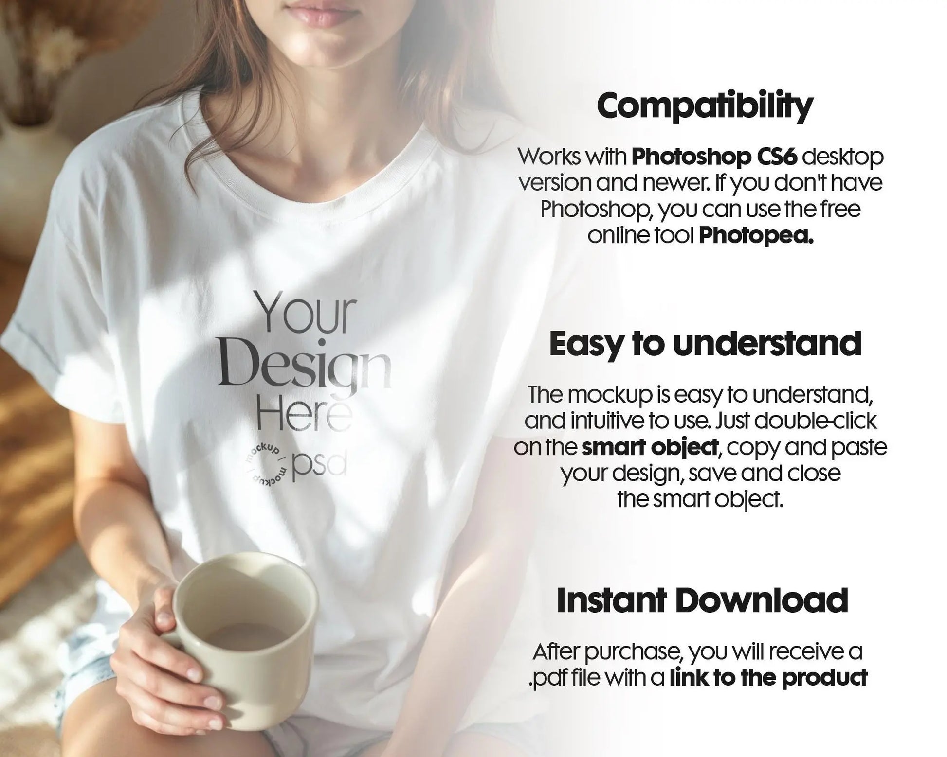 Woman White T-Shirt Mockup PSD | Gildan 64000 & Bella Canvas 3001 Print on Demand Tee Mockups for Designers, Boho Style Tshirt
