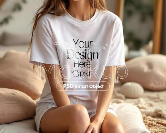 Woman White T-Shirt Mockup PSD | Gildan 64000 & Bella Canvas 3001 Print on Demand Tee Mockups for Designers, Boho Style Tshirt