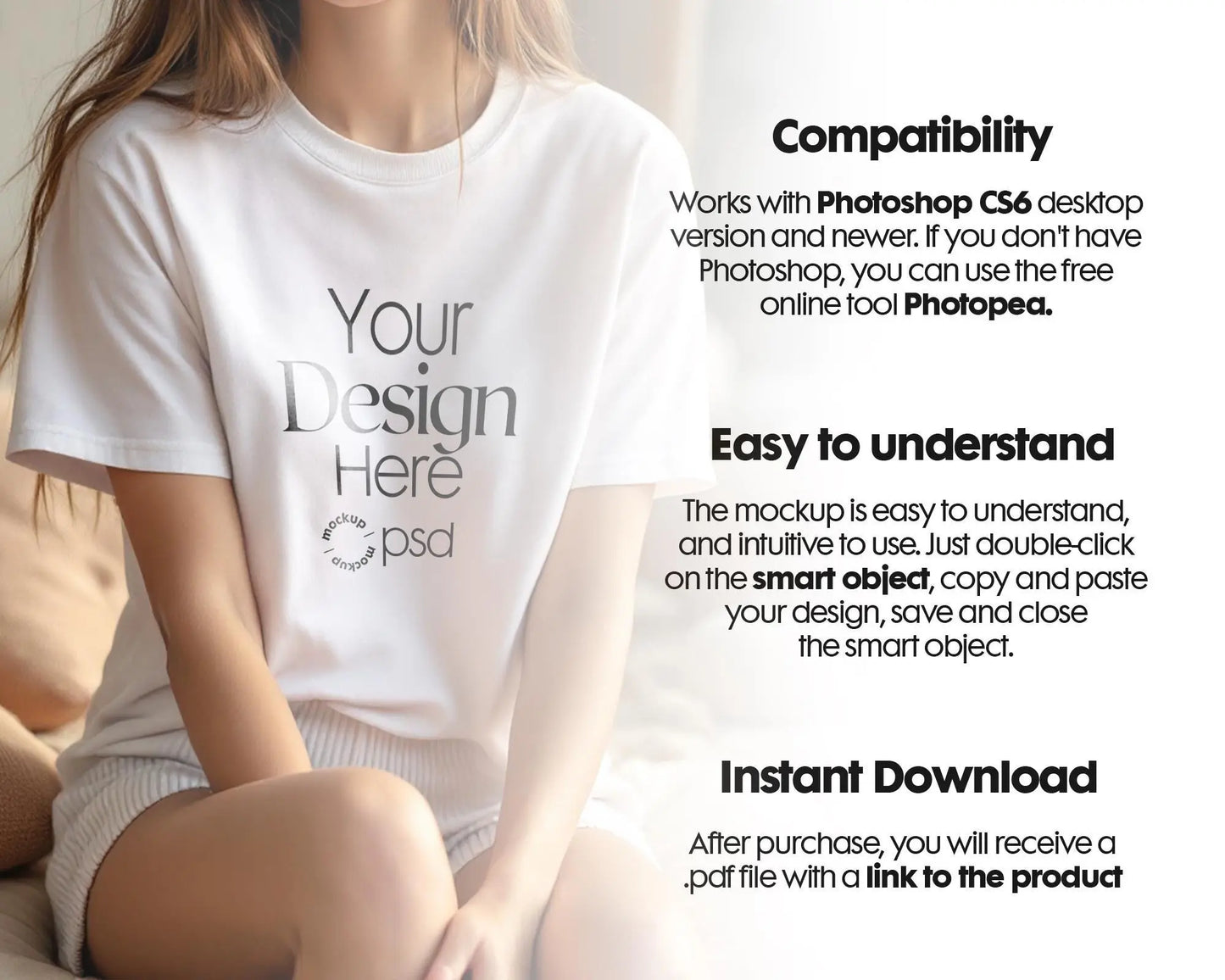 Woman White T-Shirt Mockup PSD | Gildan 64000 & Bella Canvas 3001 Print on Demand Tee Mockups for Designers, Boho Style Tshirt