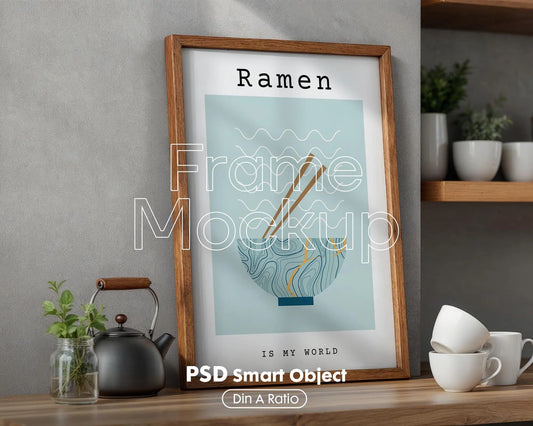 Kitchen Frame Mockup | DIN A Artwork Mockup Frames | Aesthetic Kitchen Vertical Wood Frame Mockup | Poster Mockup Templete PSD