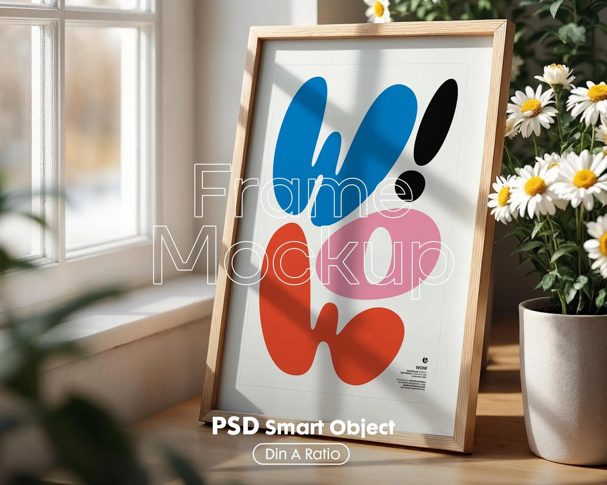 Wall Art Frame Mockup for Digital Download, Blank Wooden Poster Frame Mockup, Posters and Artwork Smart Object Instant Download