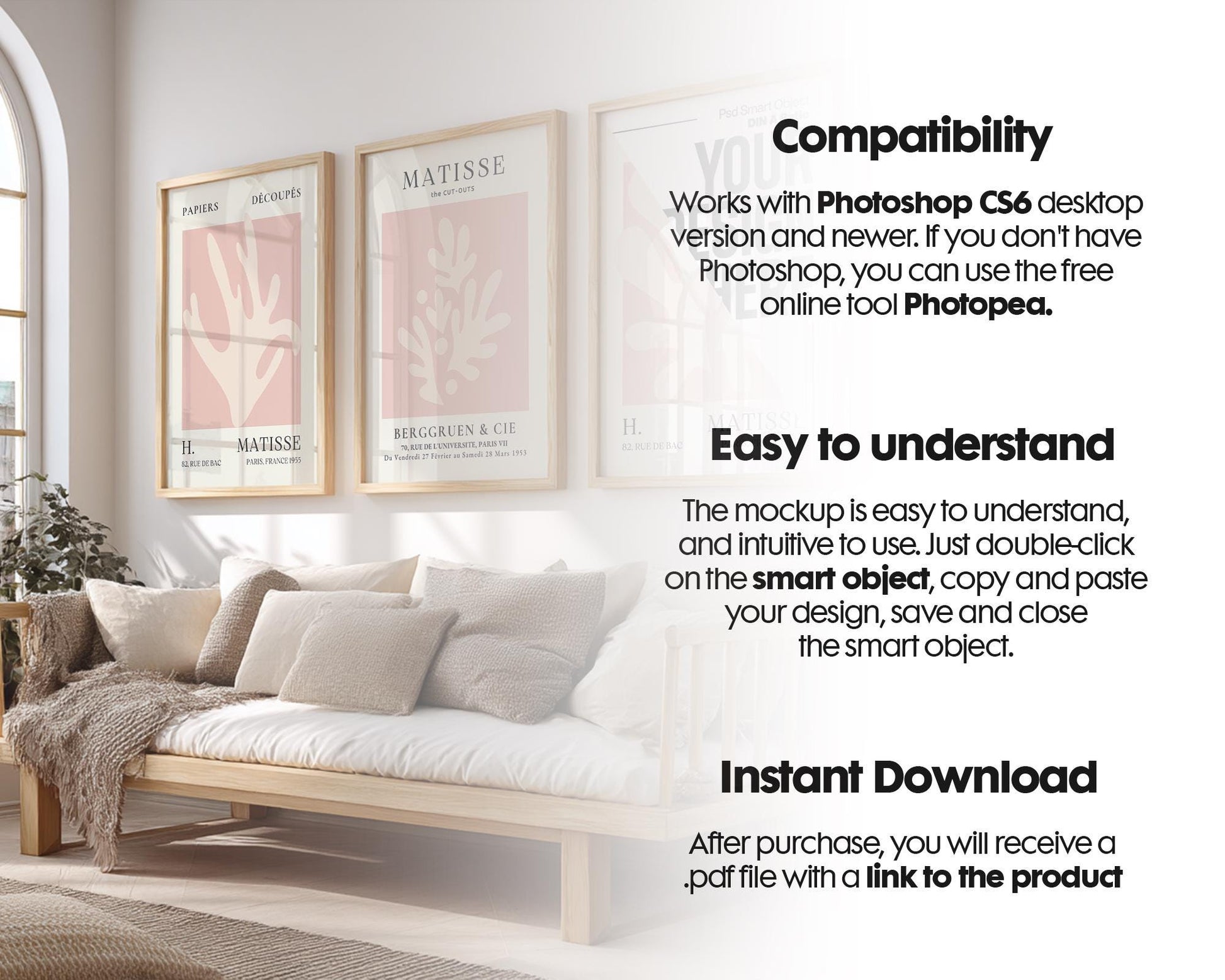 3 Frame Mockup Bundle, Vertical Gallery Set of 3, Digital Print PSD Templates for Art Display & Wall Decor