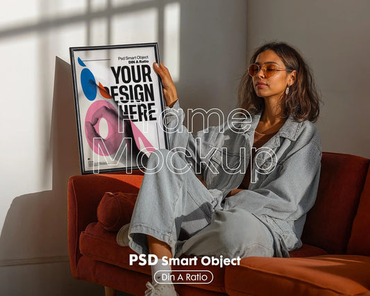 Frame Mockup PSD With Person Holding , PSD Photoshop Mockup, Frame Mockup Home Interior, Interior Frame Mockup Woman