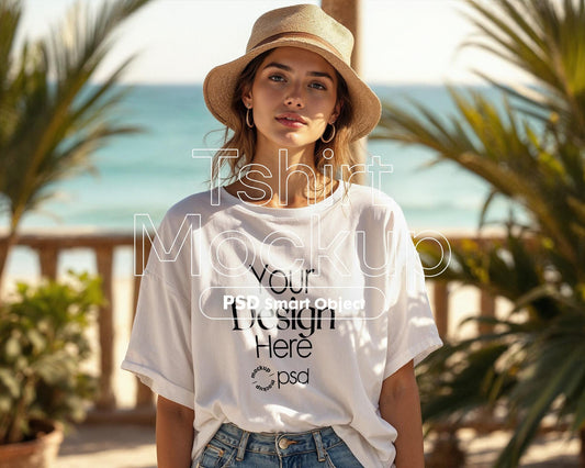 Bella Canvas 3001 White Shirt Mockup PSD - Summer T-Shirt Model Mockup for Design Preview & High-Quality Display