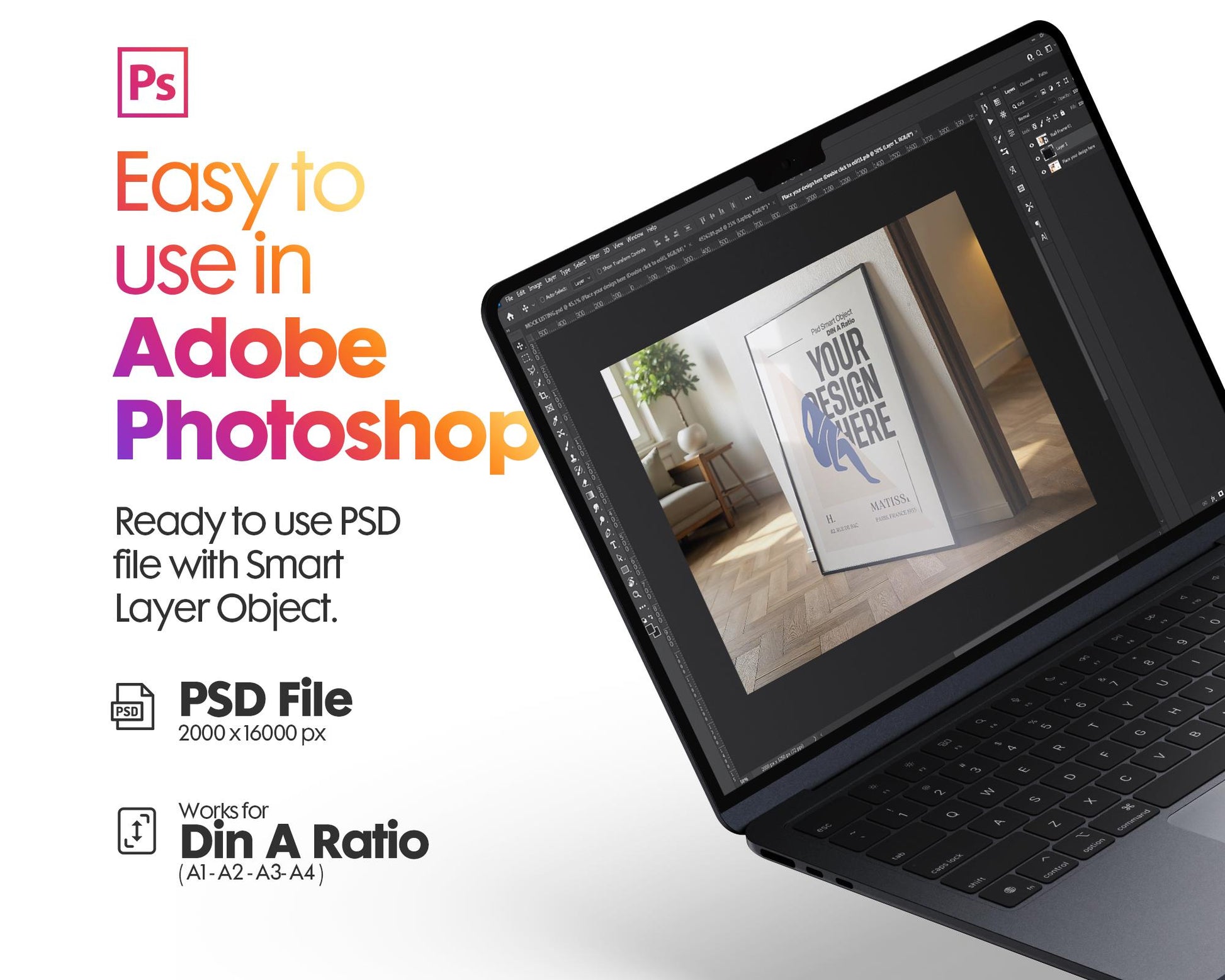 Poster Mockup PSD, Wall Art Template ISO A DIN Ratio Frame Display Digital Download for Artwork Presentation