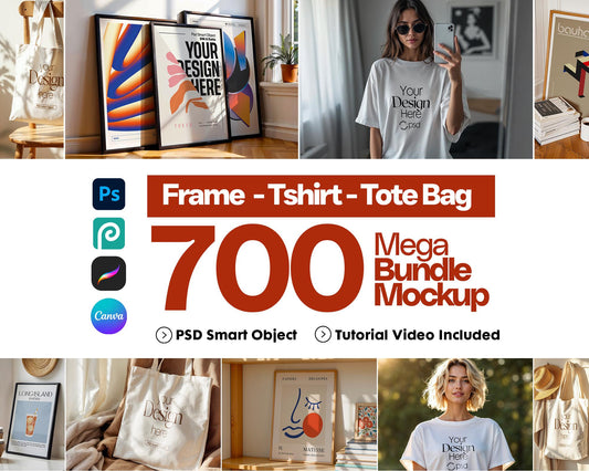 700+ Mockup Mega PSD Bundle Set - Tshirt, Frame and Tote Bag Mockup for Digital Art, PSD Smart Object