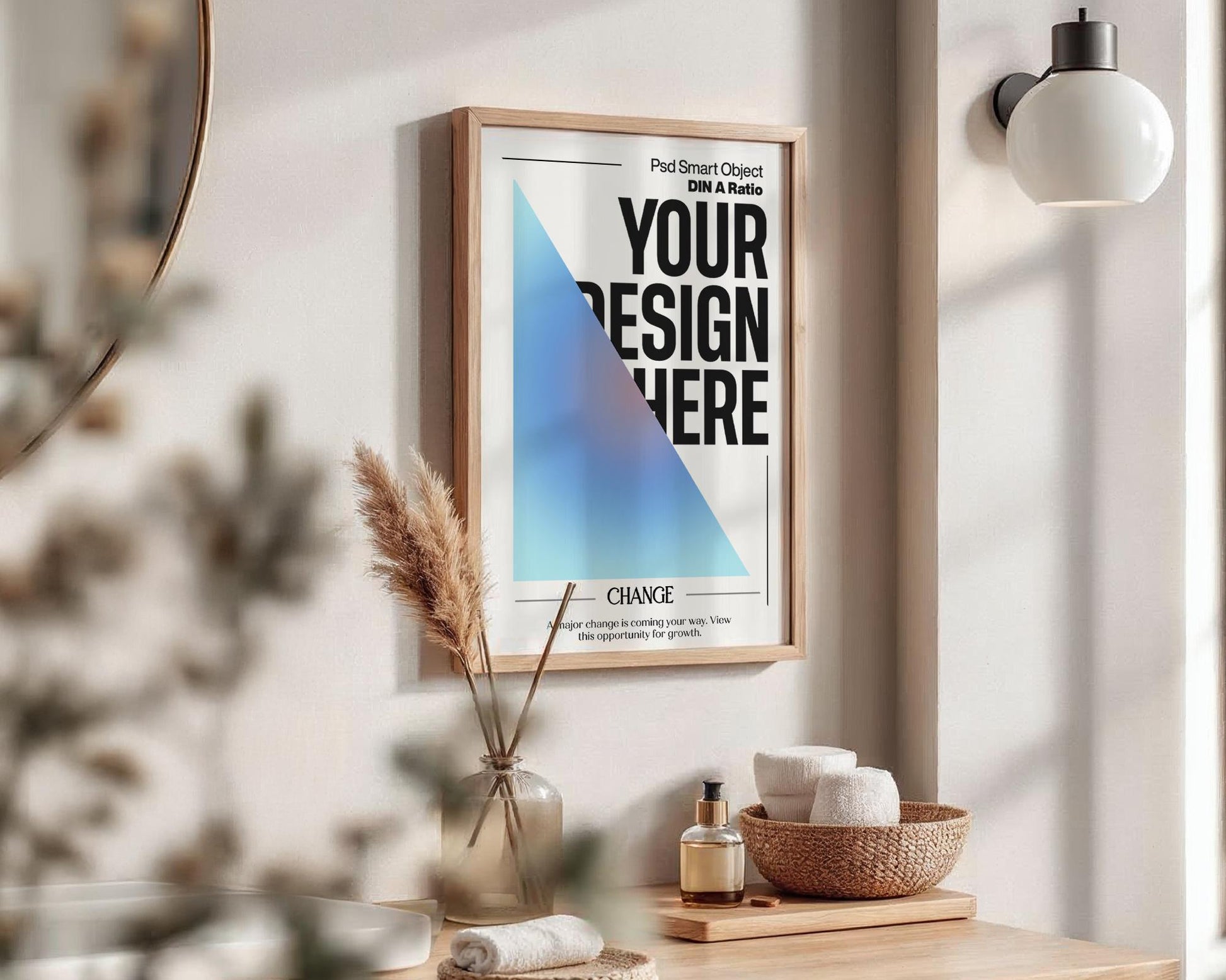 Frame Mockup in Bath, ISO A DIN Ratio, Thin Wood Frame, PSD Mockup, Frame Mockup Minimal Home Interior