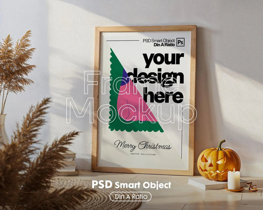 Halloween Frame Mockup PSD, Halloween Wall Art, Rustic Autumn & Pumpkins Vertical Artwork, Spooky Art Mockup,