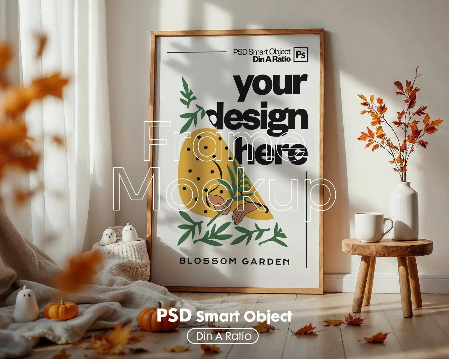 Halloween Frame Mockup PSD, Halloween Wall Art, Rustic Autumn & Pumpkins Vertical Artwork, Spooky Art Mockup,