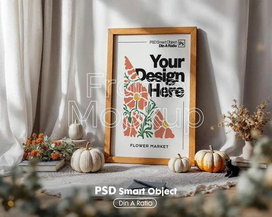 Halloween Frame Mockup PSD, Halloween Wall Art, Rustic Autumn & Pumpkins Vertical Artwork, Spooky Art Mockup