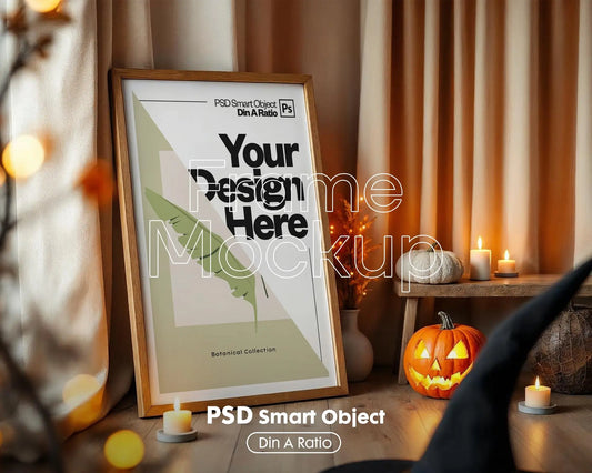 Halloween Frame Mockup PSD, Halloween Wall Art, Rustic Autumn & Pumpkins Vertical Artwork, Spooky Art Mockup