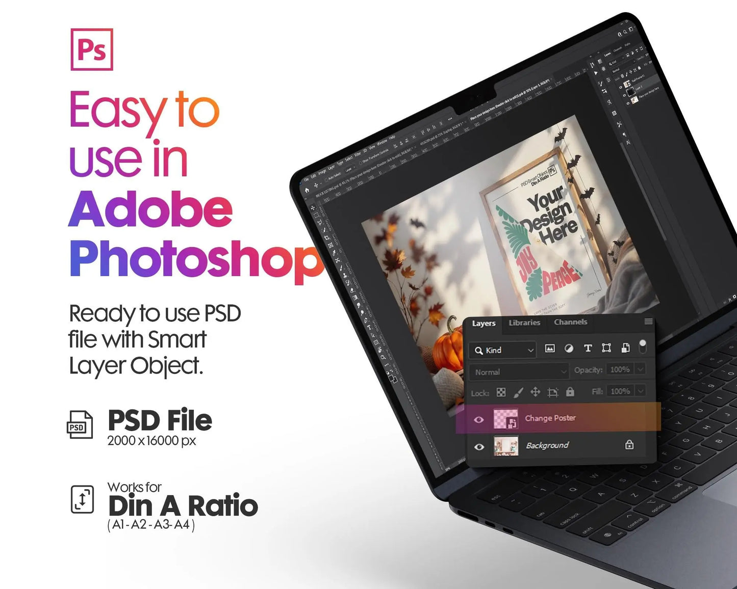 Halloween Frame Mockup PSD, Halloween Wall Art, Rustic Autumn & Pumpkins Vertical Artwork, Spooky Art Mockup