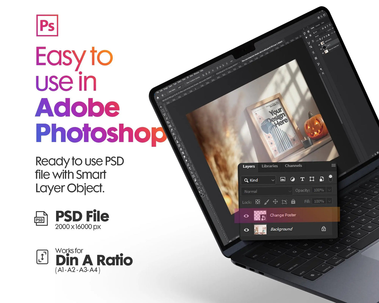 Halloween Frame Mockup PSD, Halloween Wall Art, Rustic Autumn & Pumpkins Vertical Artwork, Spooky Art Mockup