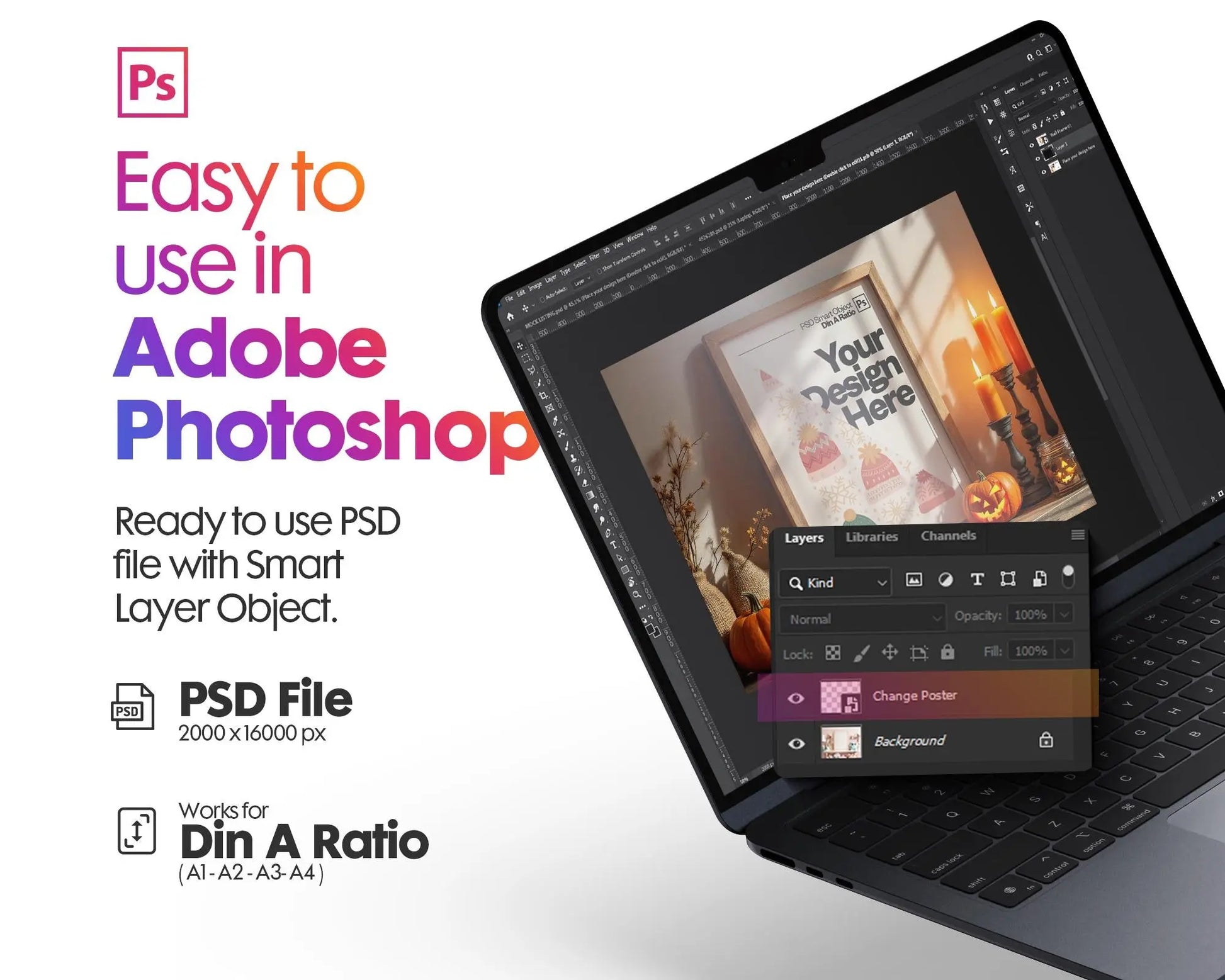 Halloween Frame Mockup PSD, Halloween Wall Art, Rustic Autumn & Pumpkins Vertical Artwork, Spooky Art Mockup