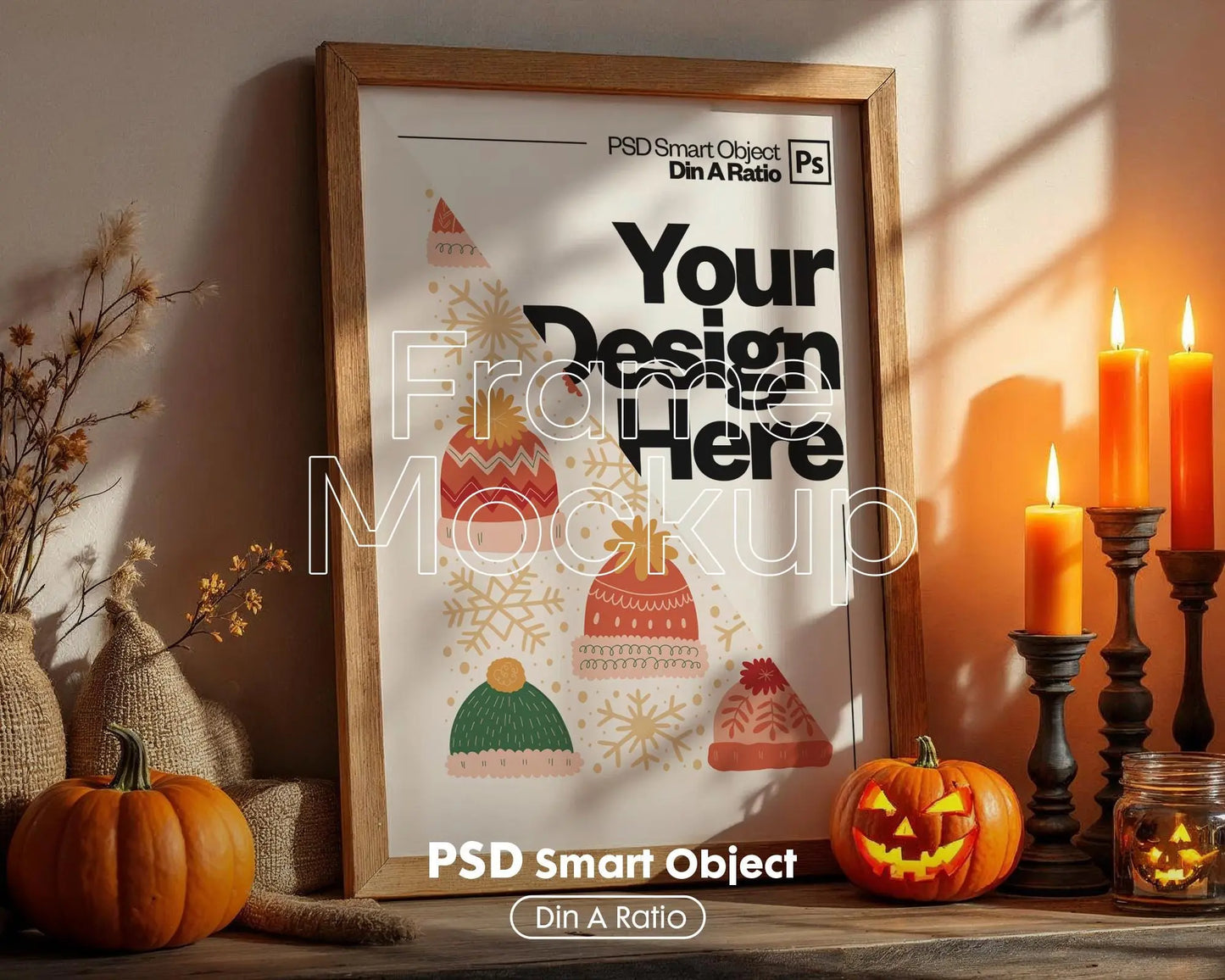 Halloween Frame Mockup PSD, Halloween Wall Art, Rustic Autumn & Pumpkins Vertical Artwork, Spooky Art Mockup