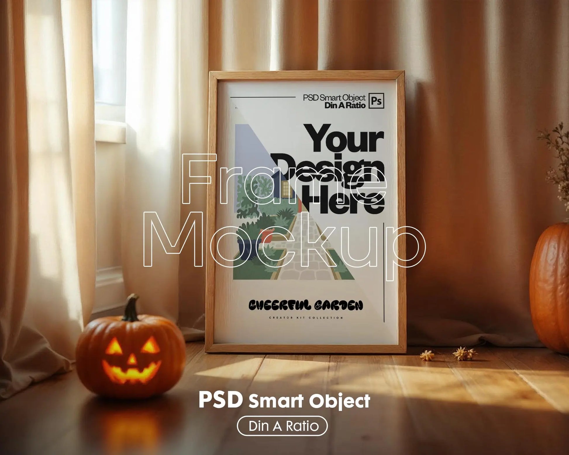 Halloween Frame Mockup PSD, Halloween Wall Art, Rustic Autumn & Pumpkins Vertical Artwork, Spooky Art Mockup