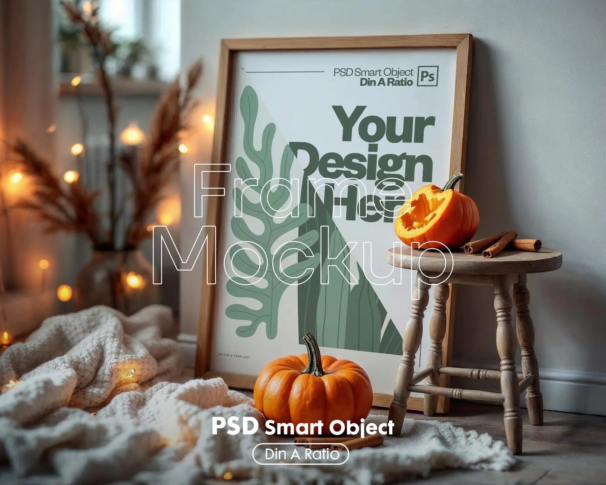 Halloween Frame Mockup PSD, Halloween Wall Art, Rustic Autumn & Pumpkins Vertical Artwork, Spooky Art Mockup