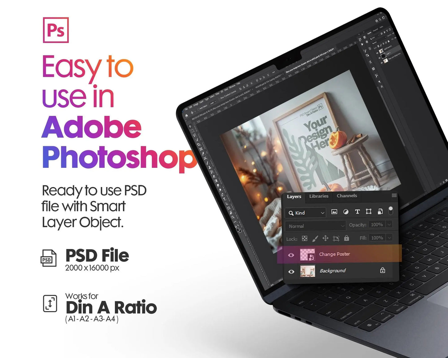 Halloween Frame Mockup PSD, Halloween Wall Art, Rustic Autumn & Pumpkins Vertical Artwork, Spooky Art Mockup