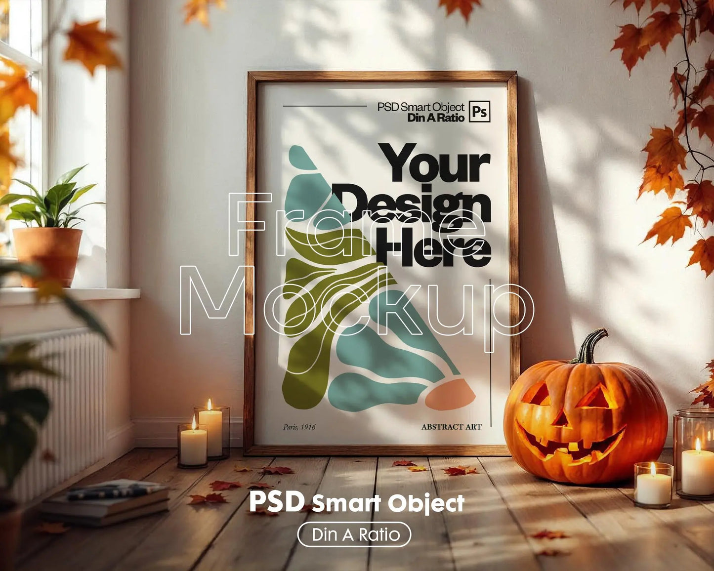 Halloween Frame Mockup PSD, Halloween Wall Art, Rustic Autumn & Pumpkins Vertical Artwork, Spooky Art Mockup