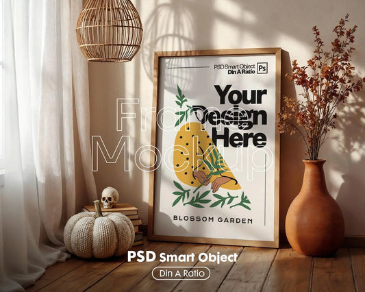 Halloween Frame Mockup PSD, Halloween Wall Art, Rustic Autumn & Pumpkins Vertical Artwork, Spooky Art Mockup