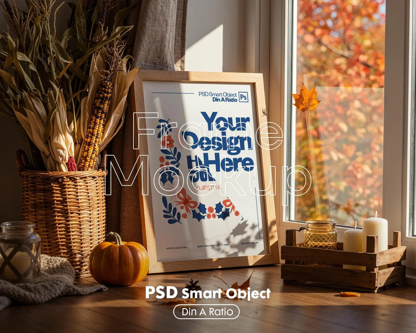 Halloween Frame Mockup PSD, Halloween Wall Art, Rustic Autumn & Pumpkins Vertical Artwork, Spooky Art Mockup