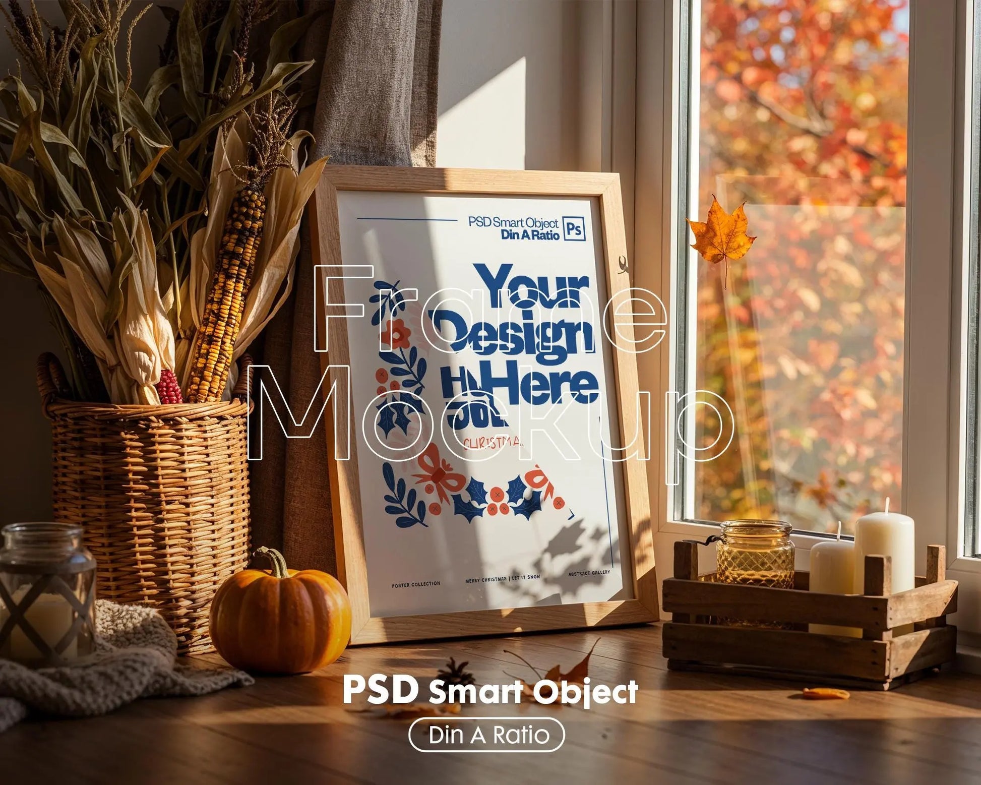 Halloween Frame Mockup PSD, Halloween Wall Art, Rustic Autumn & Pumpkins Vertical Artwork, Spooky Art Mockup