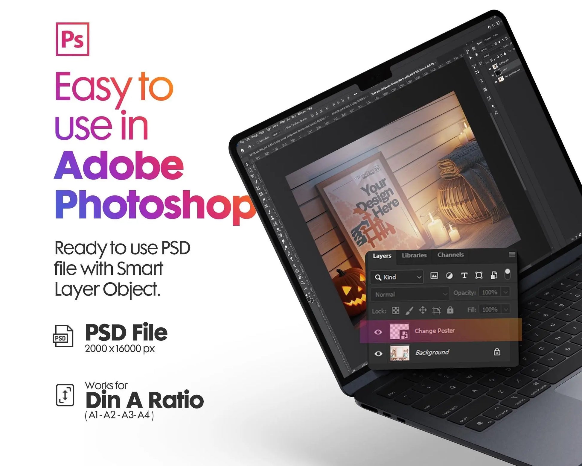 Halloween Frame Mockup PSD, Halloween Wall Art, Rustic Autumn & Pumpkins Vertical Artwork, Spooky Art Mockup