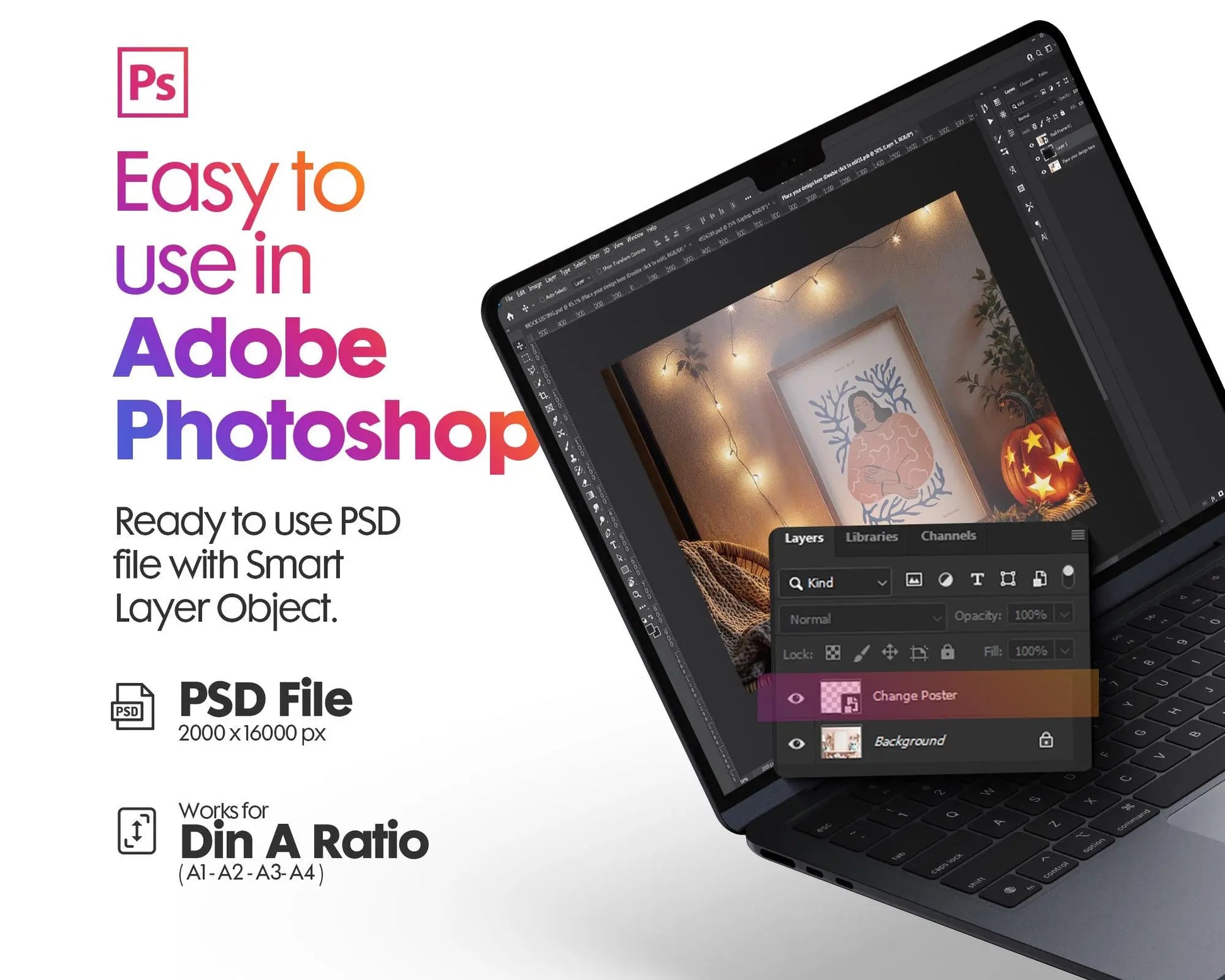 Halloween Frame Mockup PSD, Halloween Wall Art, Rustic Autumn & Pumpkins Vertical Artwork, Spooky Art Mockup,