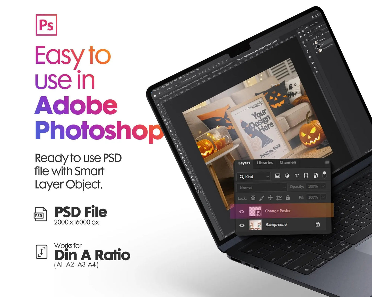 Halloween Frame Mockup PSD, Halloween Wall Art, Rustic Autumn & Pumpkins Vertical Artwork, Spooky Art Mockup,