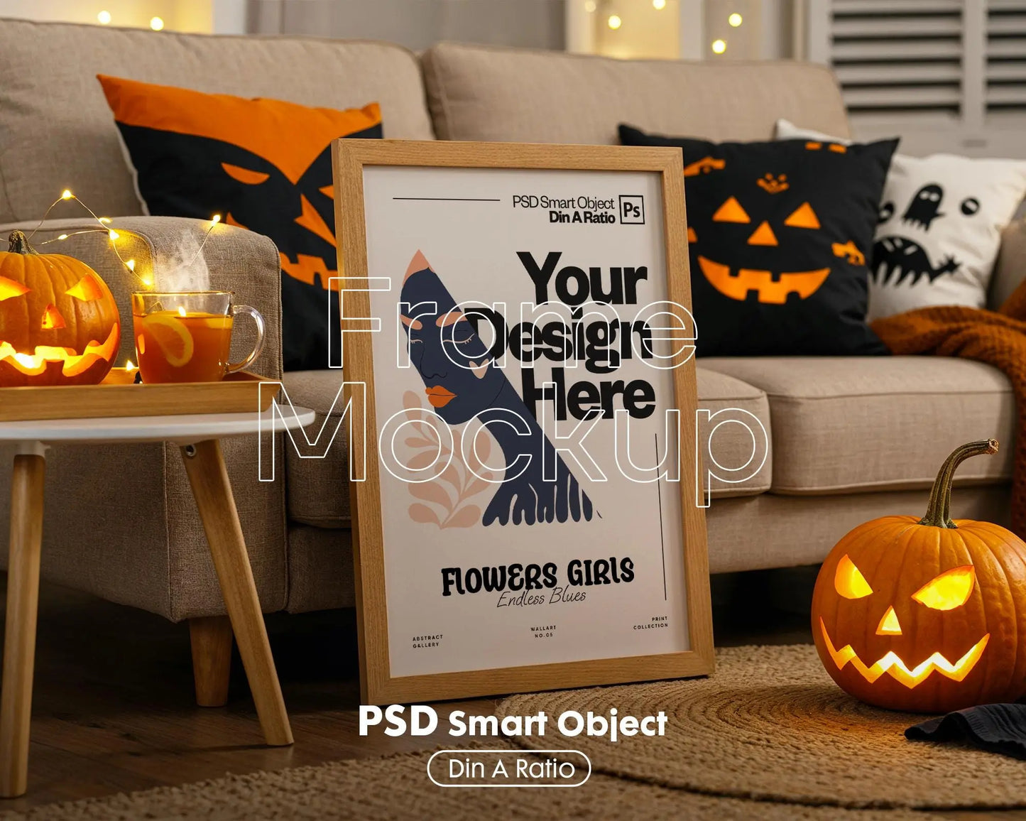 Halloween Frame Mockup PSD, Halloween Wall Art, Rustic Autumn & Pumpkins Vertical Artwork, Spooky Art Mockup,