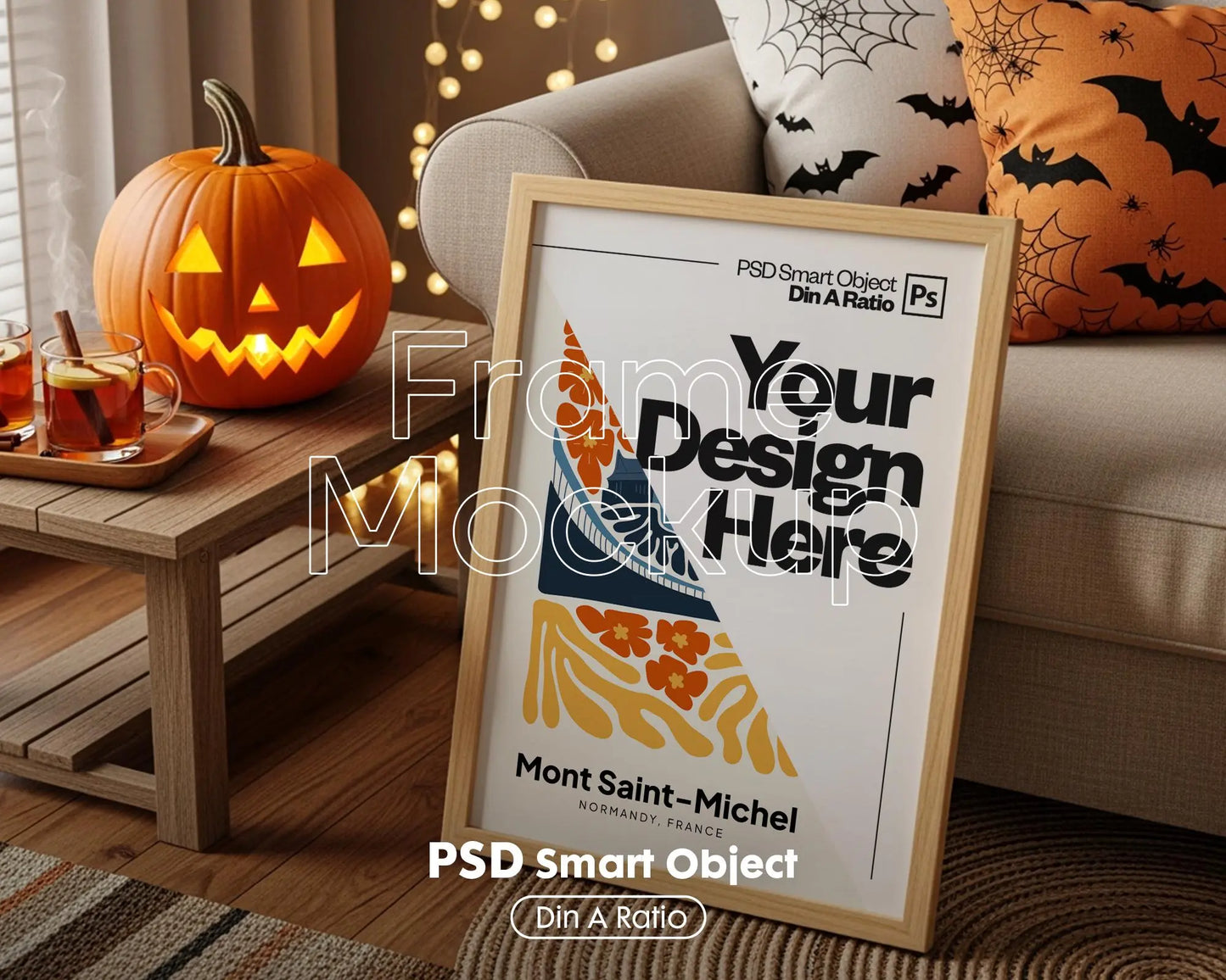 Halloween Frame Mockup PSD, Halloween Wall Art, Rustic Autumn & Pumpkins Vertical Artwork, Spooky Art Mockup,