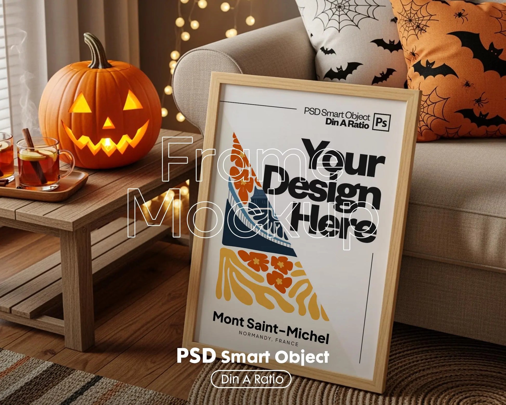 Halloween Frame Mockup PSD, Halloween Wall Art, Rustic Autumn & Pumpkins Vertical Artwork, Spooky Art Mockup,