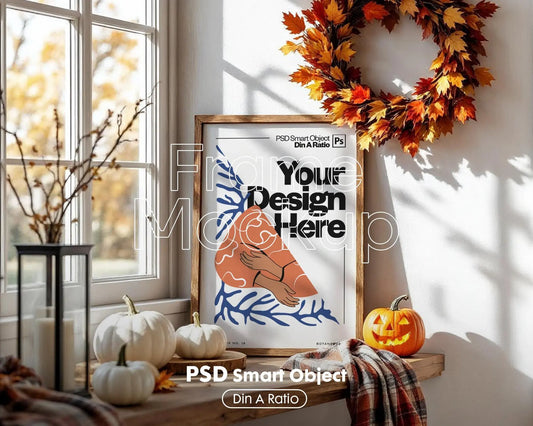 Halloween Frame Mockup PSD, Halloween Wall Art, Rustic Autumn & Pumpkins Vertical Artwork, Spooky Art Mockup,