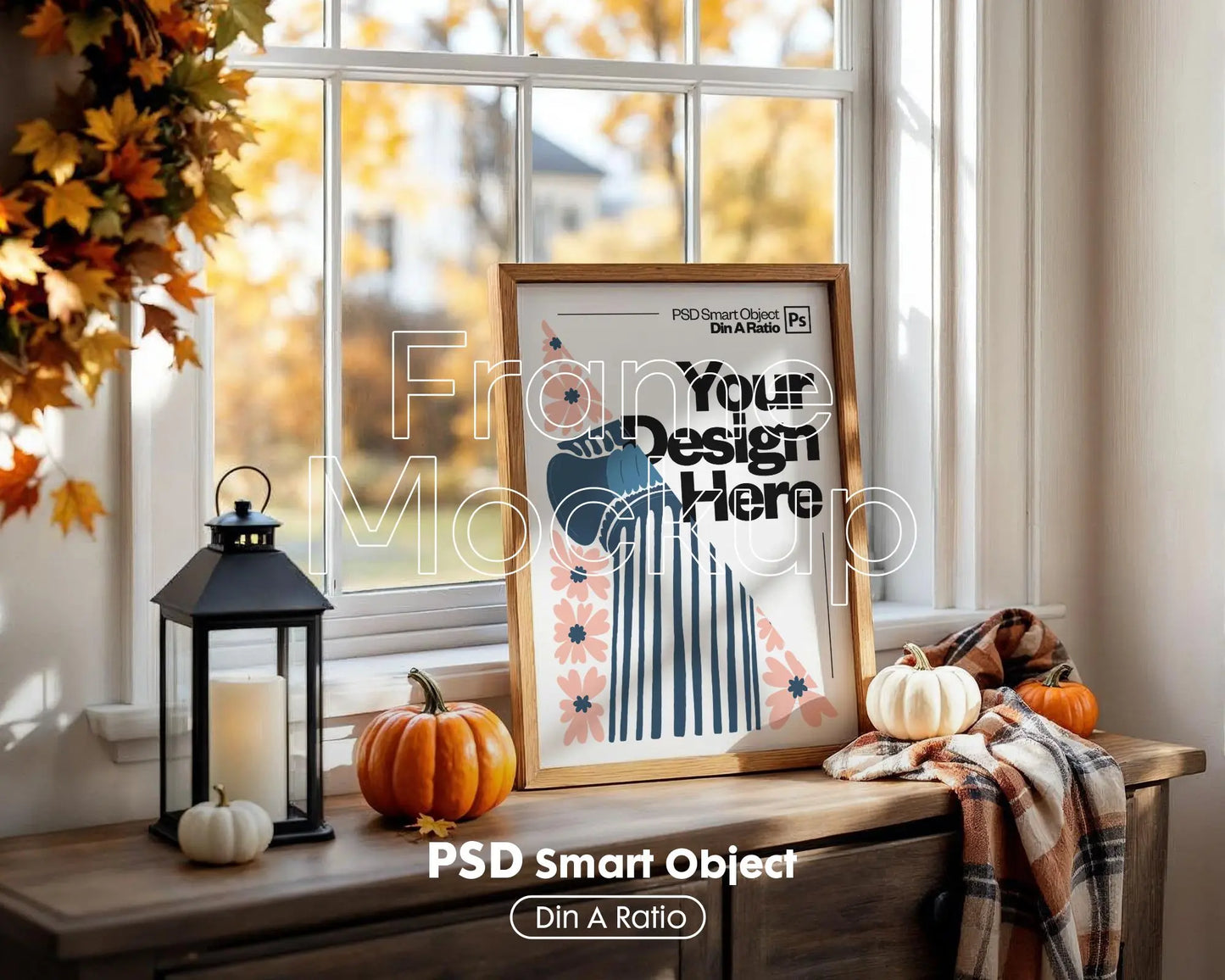 Halloween Frame Mockup PSD, Halloween Wall Art, Rustic Autumn & Pumpkins Vertical Artwork, Spooky Art Mockup,