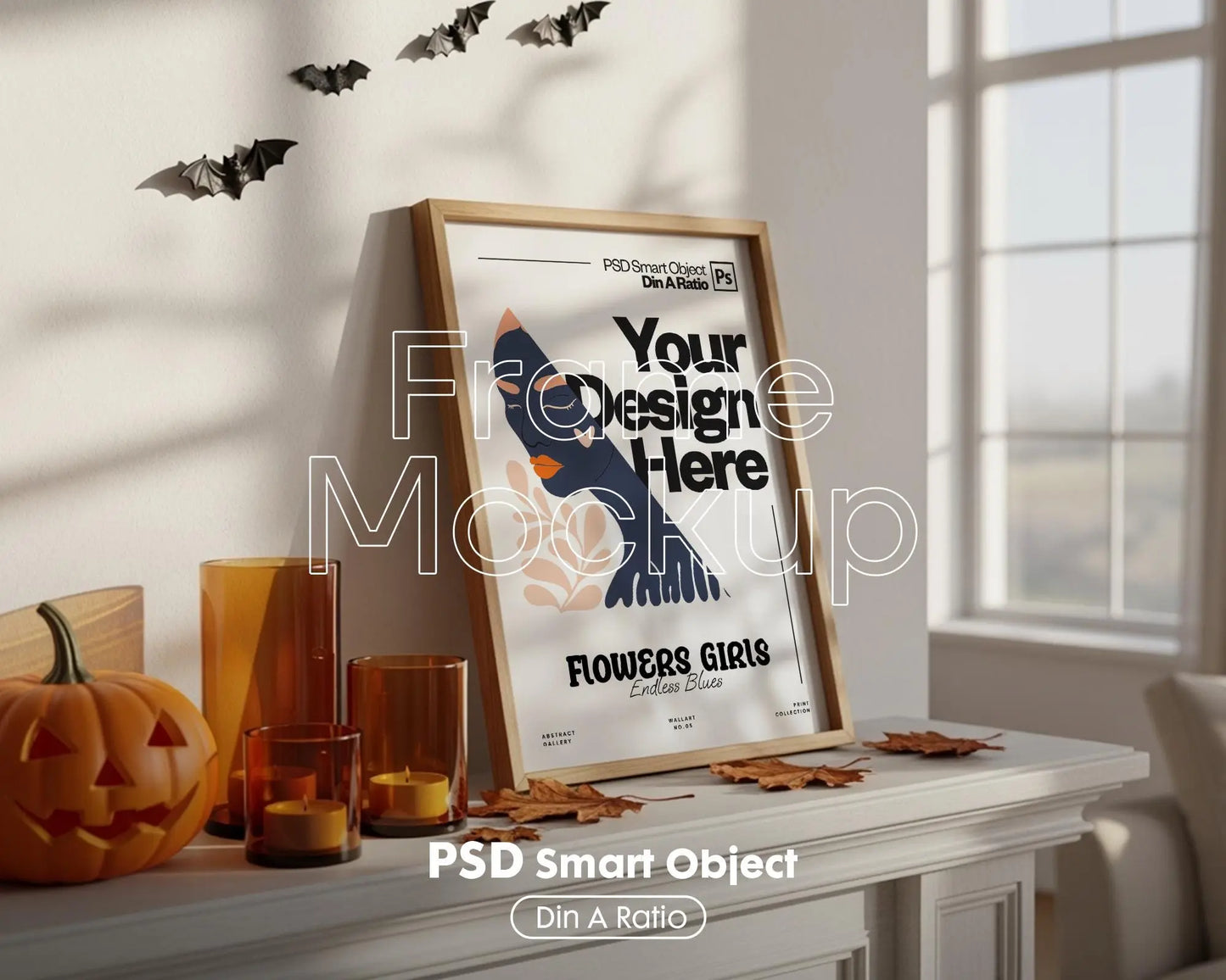 Halloween Frame Mockup PSD, Halloween Wall Art, Rustic Autumn & Pumpkins Vertical Artwork, Spooky Art Mockup,