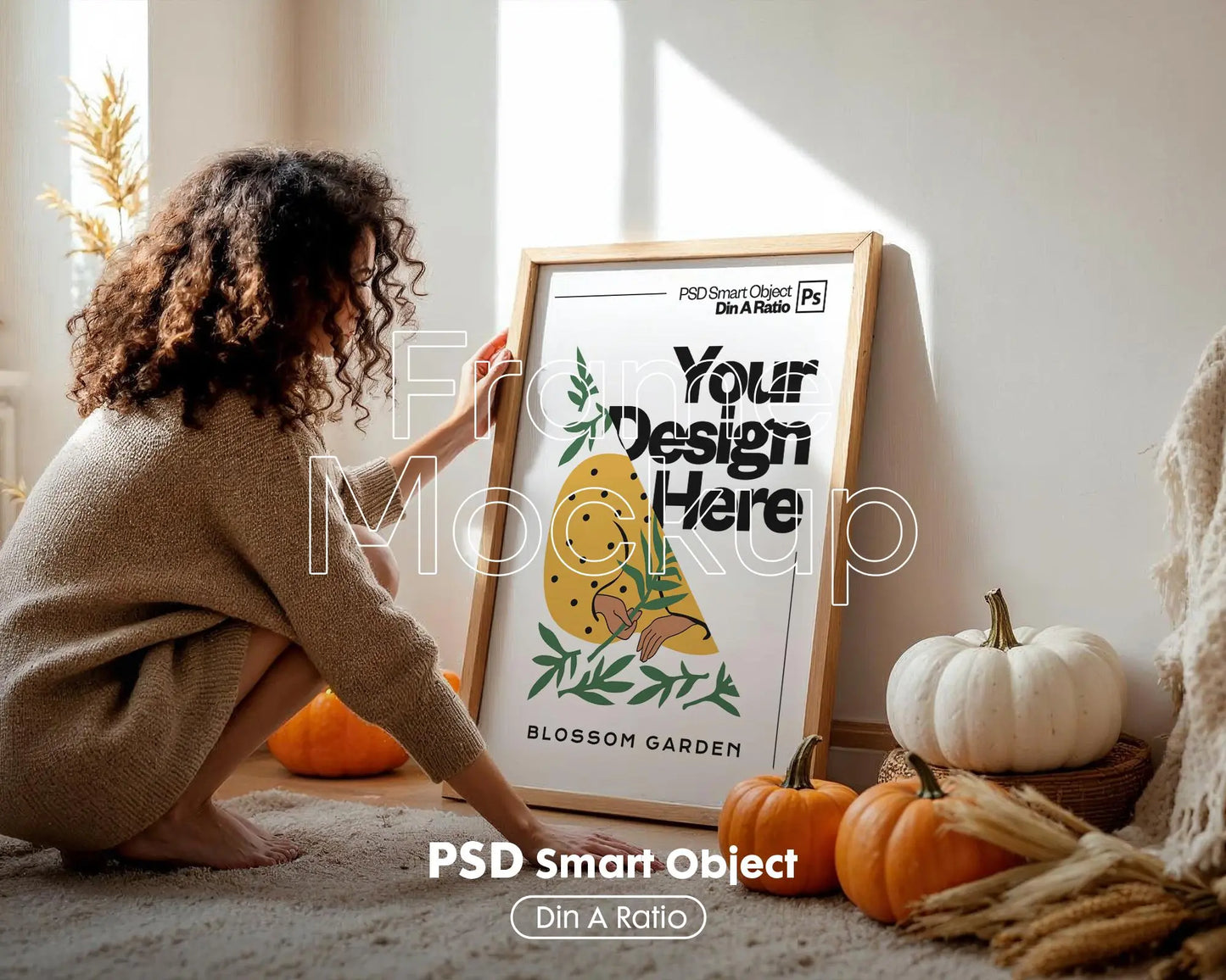 Halloween Frame Mockup With Person PSD, Halloween Wall Art, Rustic Autumn & Pumpkins Vertical Artwork, Spooky Art Mockup,