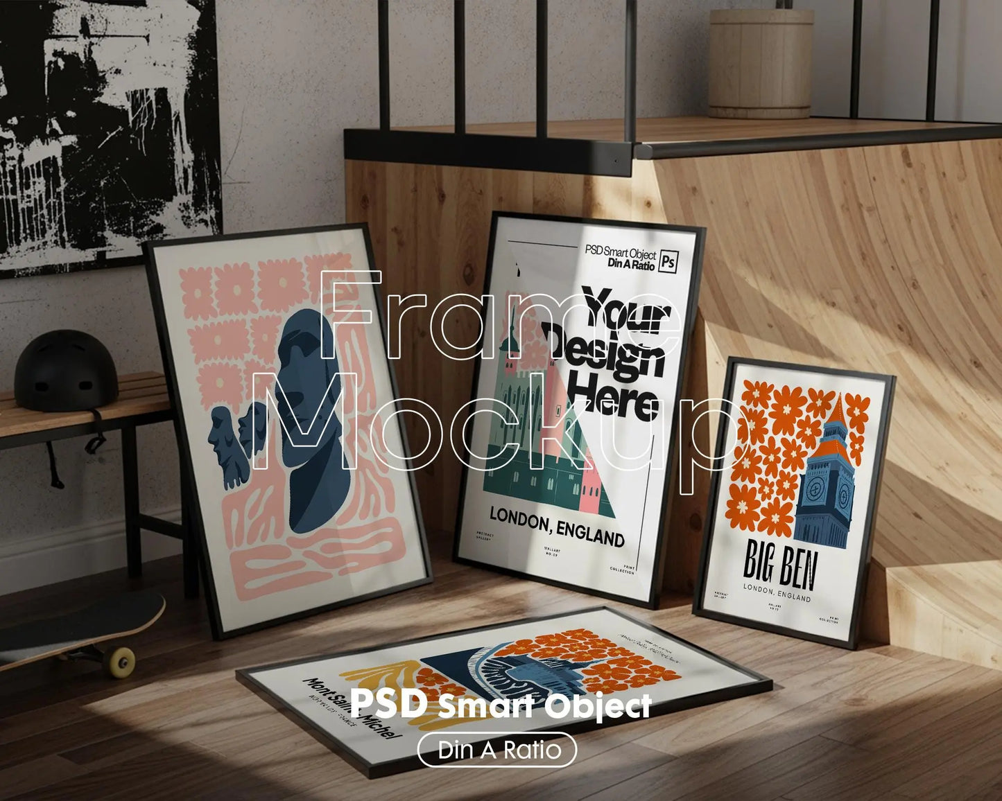 Set of 4 Frame Mockup, Three Multiple Gallery Set 4 Bundle, 4 Vertical Frame Art Display Mockup, Digital Print Mockup - PSD