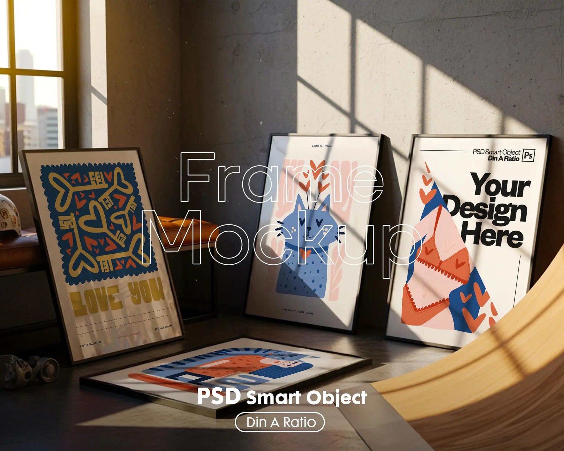 Set of 4 Frame Mockup, Three Multiple Gallery Set 4 Bundle, 4 Vertical Frame Art Display Mockup, Digital Print Mockup - PSD