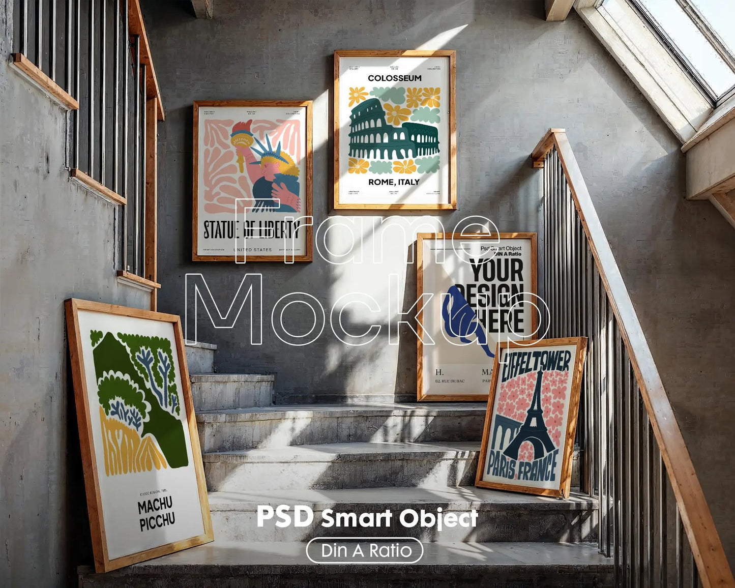 Set of 5 Frame Mockup, Three Multiple Gallery Set 5 Bundle, 5 Vertical Frame Art Display Mockup, Digital Print Mockup - PSD