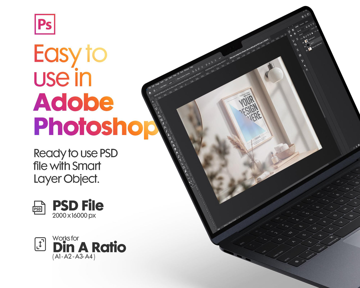 Frame Mockup in Bath, ISO A DIN Ratio, Thin Wood Frame, PSD Mockup, Frame Mockup Minimal Home Interior