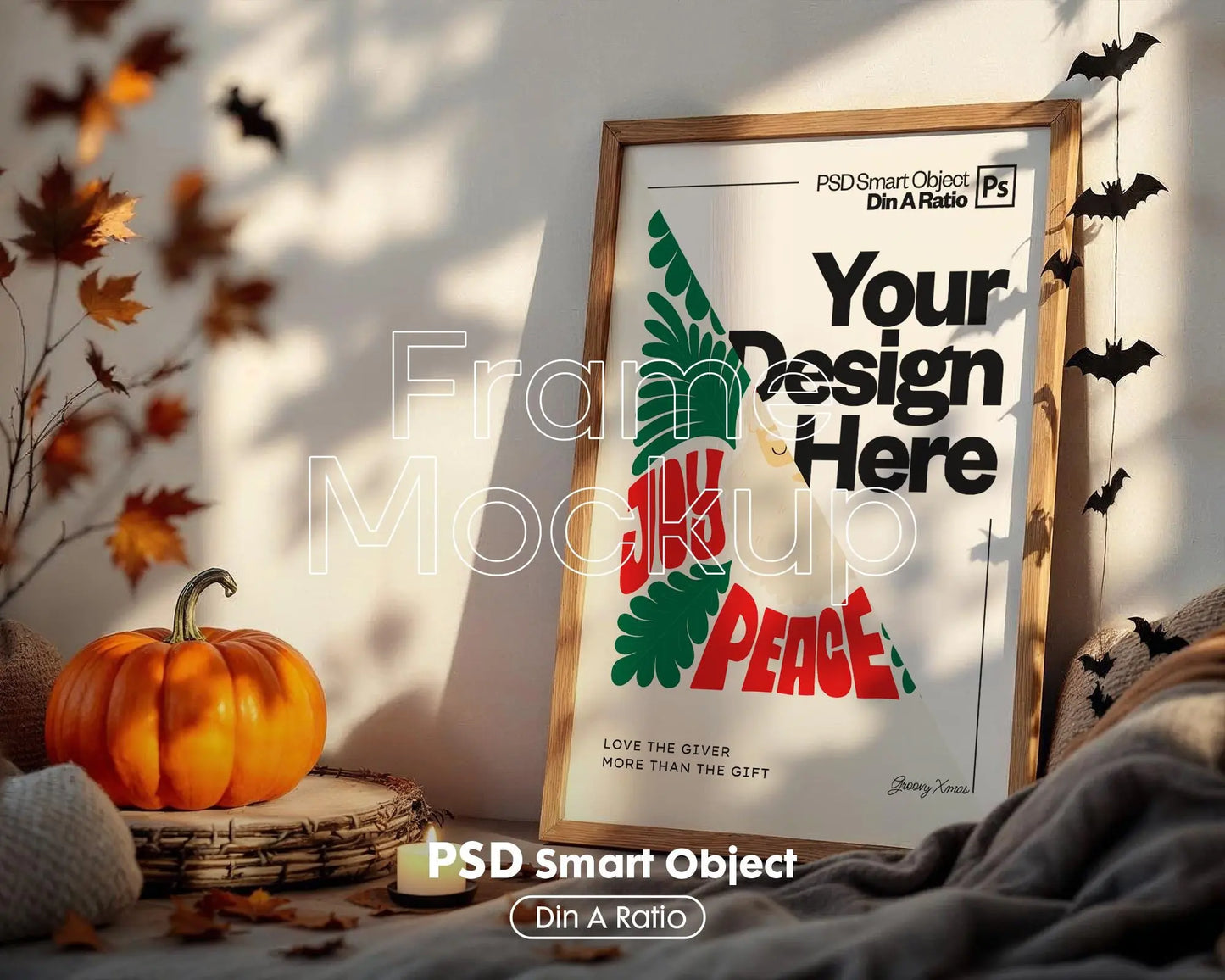 Halloween Frame Mockup PSD, Halloween Wall Art, Rustic Autumn & Pumpkins Vertical Artwork, Spooky Art Mockup