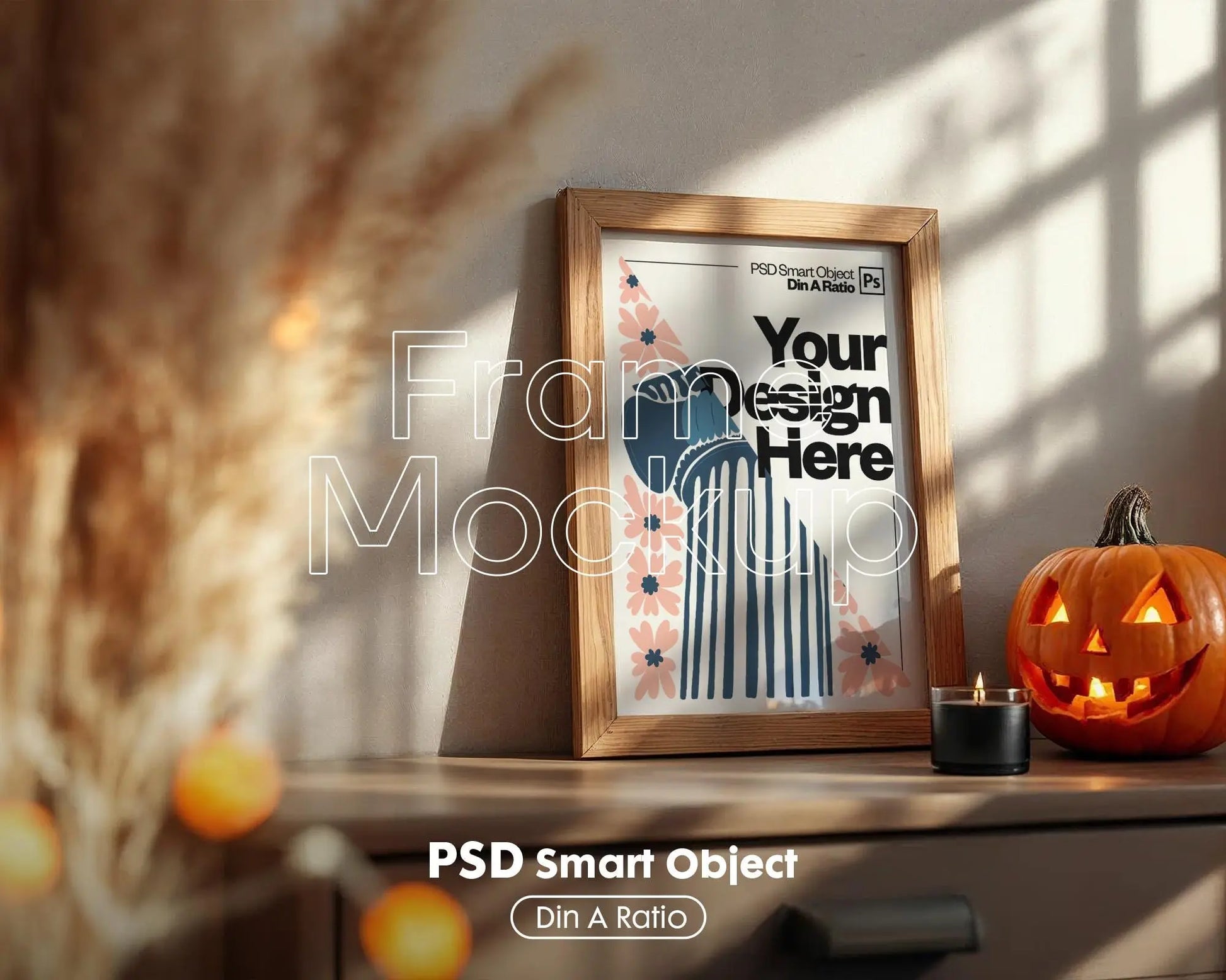 Halloween Frame Mockup PSD, Halloween Wall Art, Rustic Autumn & Pumpkins Vertical Artwork, Spooky Art Mockup