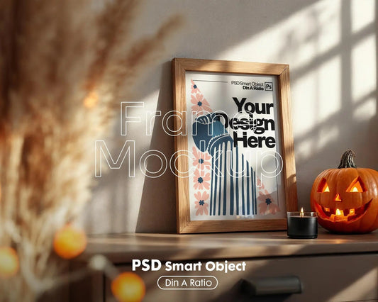 Halloween Frame Mockup PSD, Halloween Wall Art, Rustic Autumn & Pumpkins Vertical Artwork, Spooky Art Mockup