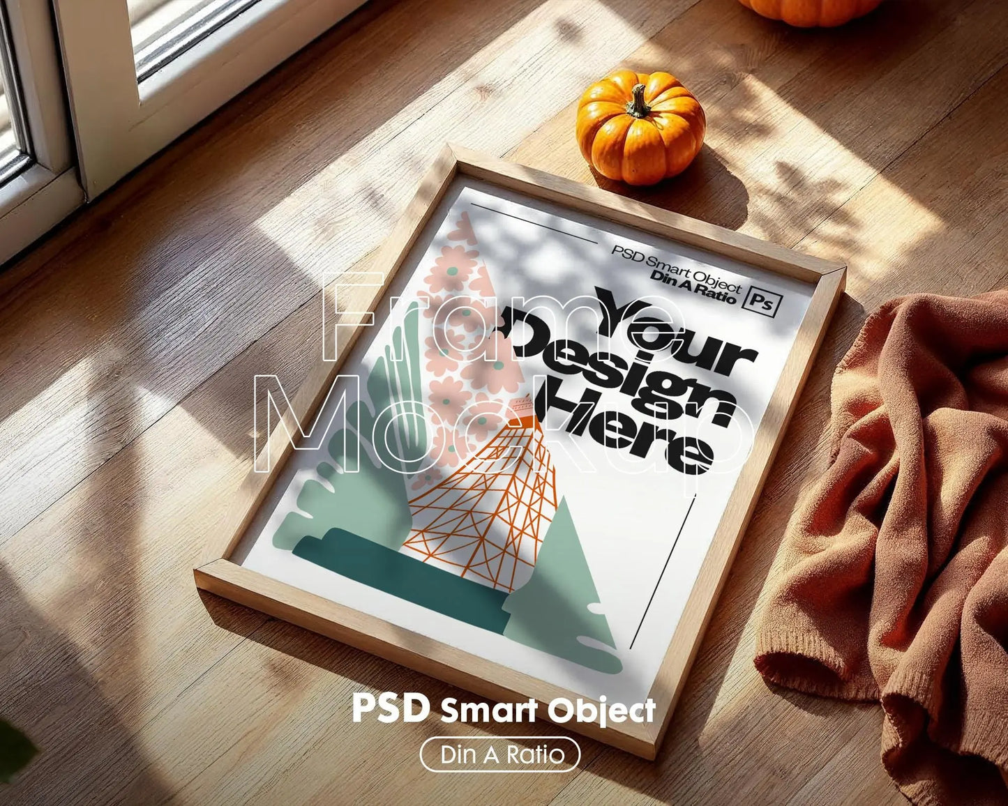 Halloween Frame Mockup PSD, Halloween Wall Art, Rustic Autumn & Pumpkins Vertical Artwork, Spooky Art Mockup