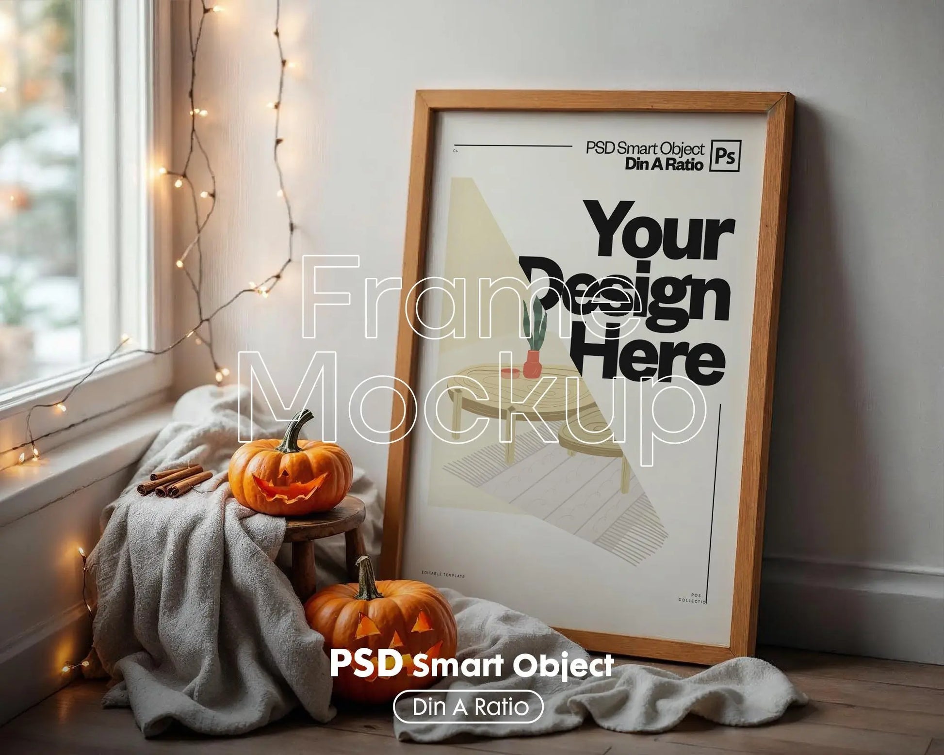 Halloween Frame Mockup PSD, Halloween Wall Art, Rustic Autumn & Pumpkins Vertical Artwork, Spooky Art Mockup