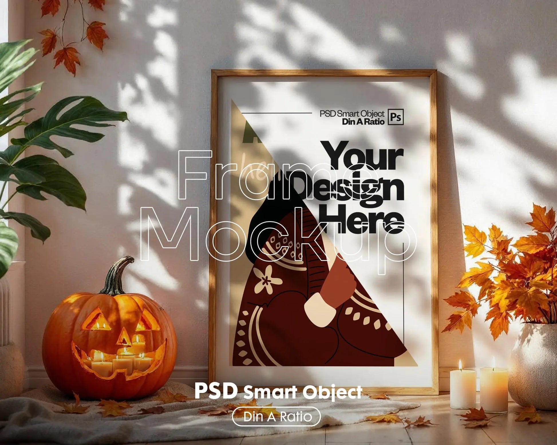 Halloween Frame Mockup PSD, Halloween Wall Art, Rustic Autumn & Pumpkins Vertical Artwork, Spooky Art Mockup,
